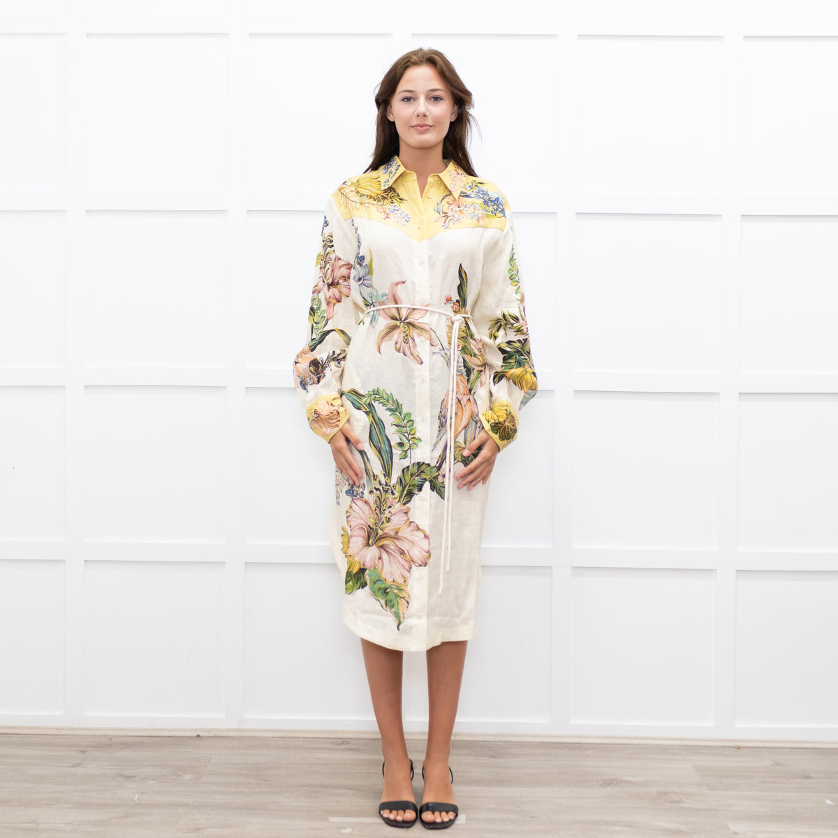 Alemais Cream Yellow Floral Linen Belted Dress