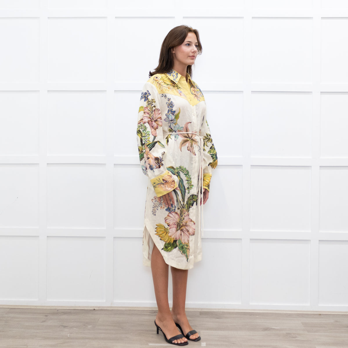 Alemais Cream Yellow Floral Linen Belted Dress