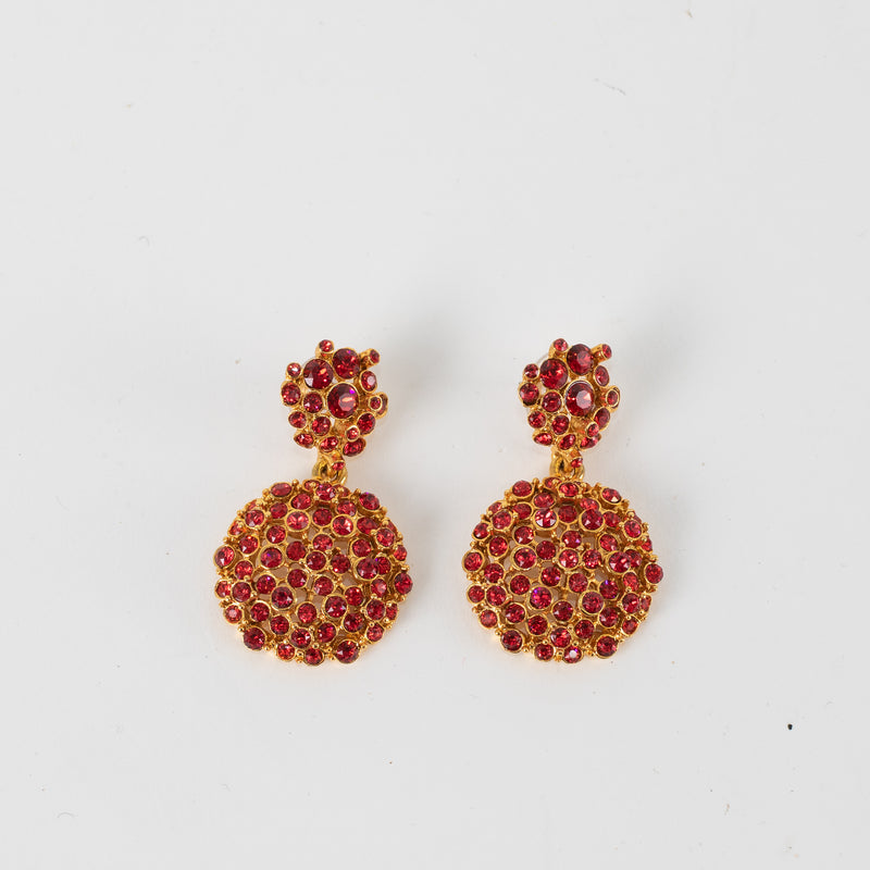 Oscar De La Renta Gold Red Diamante Stud Earrings