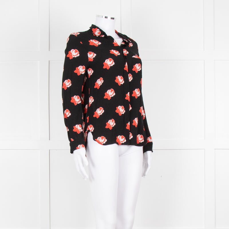 Ganni Black Red White Rose Print Blouse