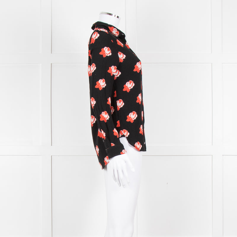 Ganni Black Red White Rose Print Blouse