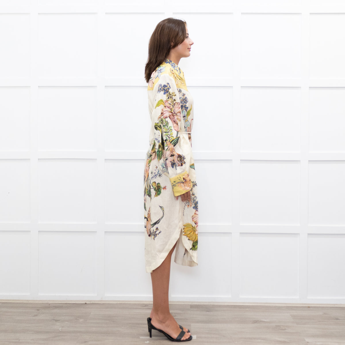 Alemais Cream Yellow Floral Linen Belted Dress