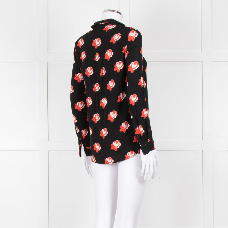 Ganni Black Red White Rose Print Blouse