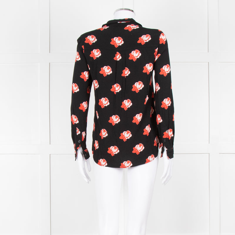 Ganni Black Red White Rose Print Blouse