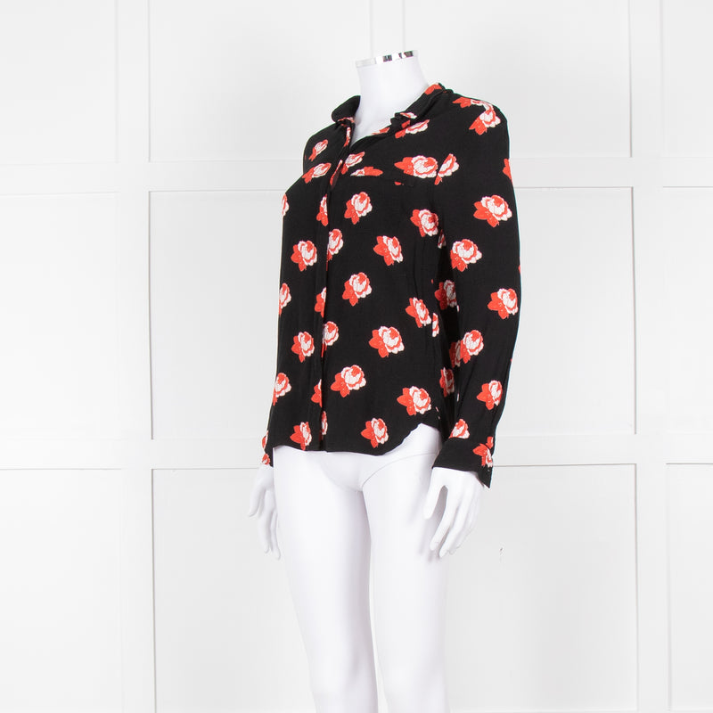 Ganni Black Red White Rose Print Blouse