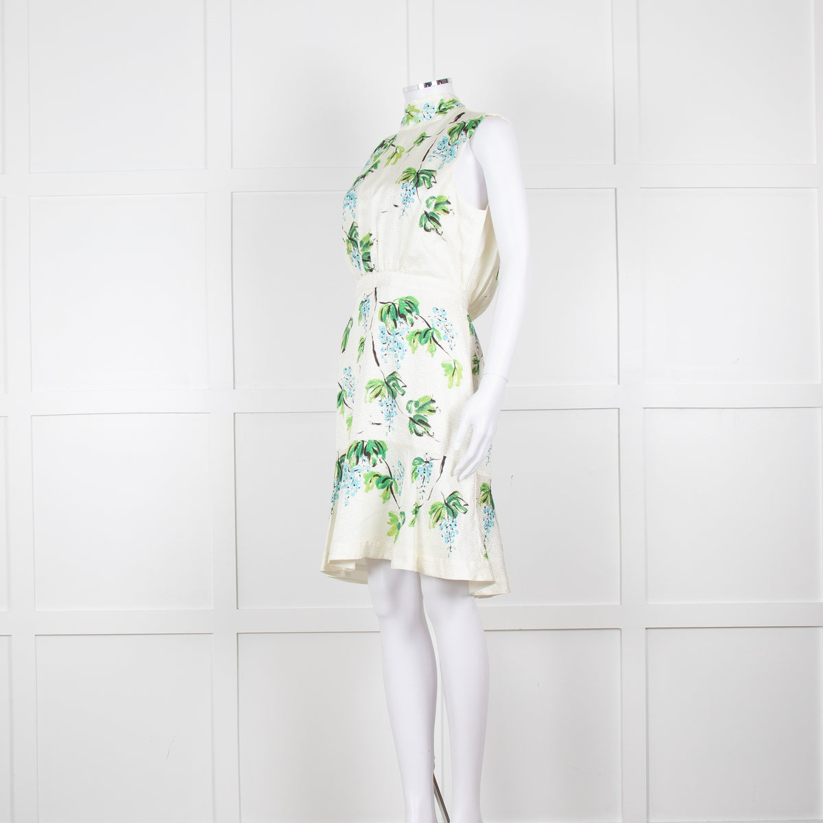 Saloni Cream Green Blue Grape Silk Sleeveless Tie Back Short Dress