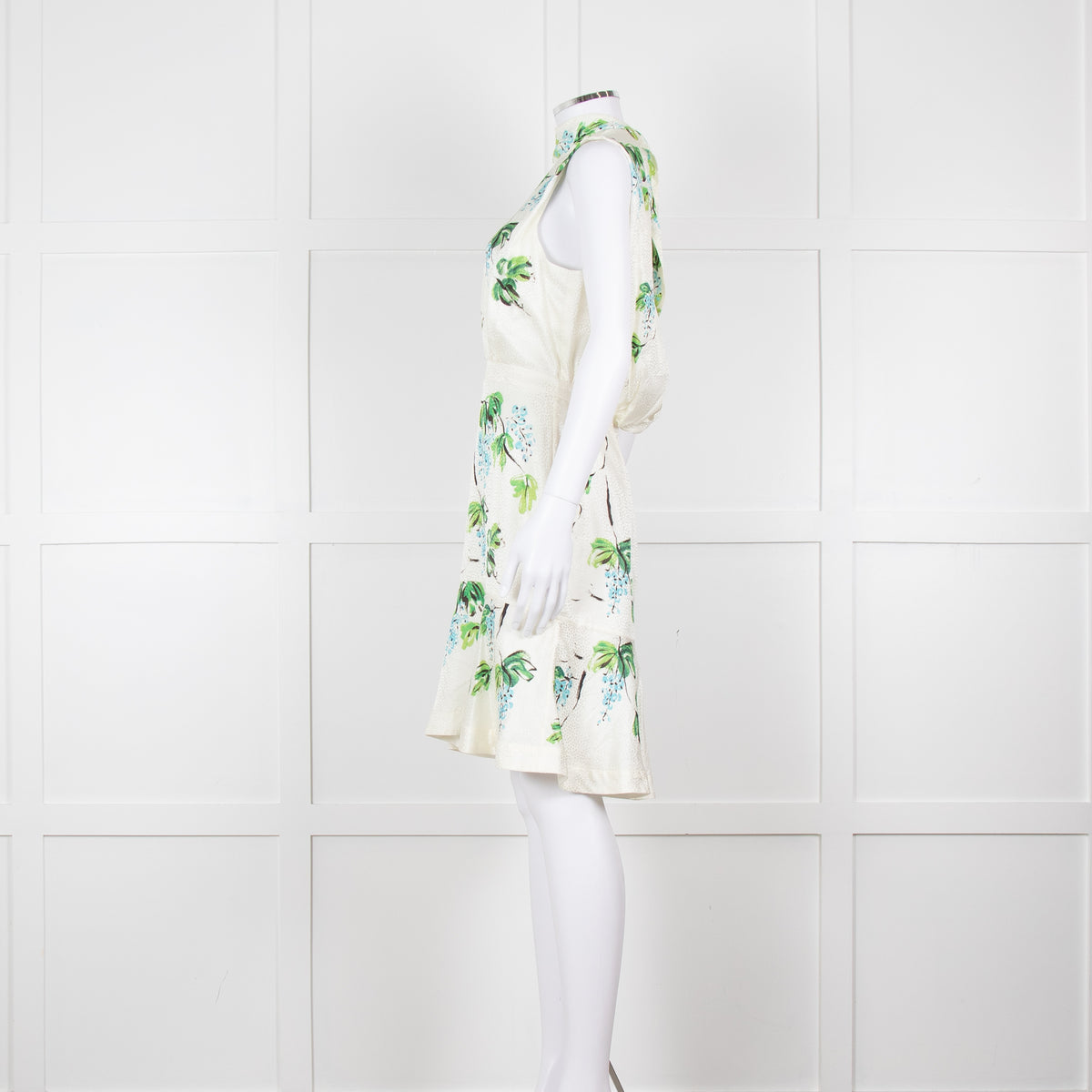 Saloni Cream Green Blue Grape Silk Sleeveless Tie Back Short Dress