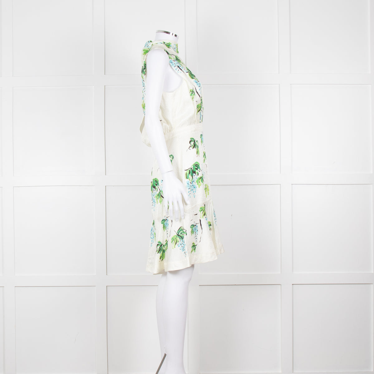 Saloni Cream Green Blue Grape Silk Sleeveless Tie Back Short Dress
