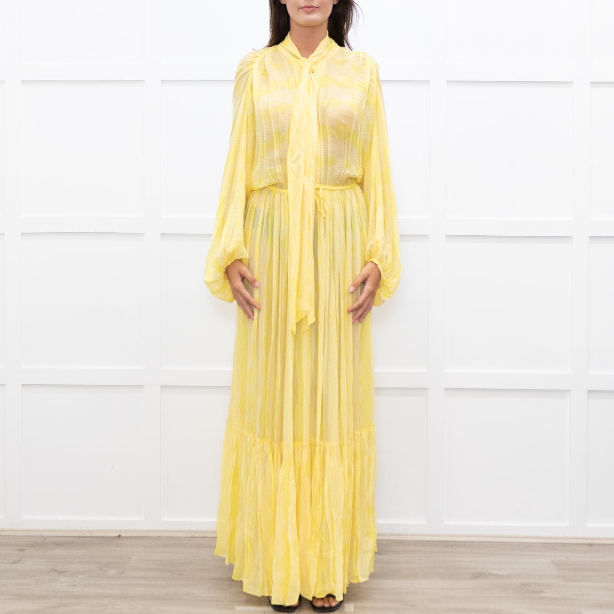 Everae Yellow Open Back Pattern Sheer Maxi Dress
