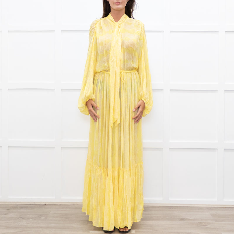 Everae Yellow Open Back Pattern Sheer Maxi Dress