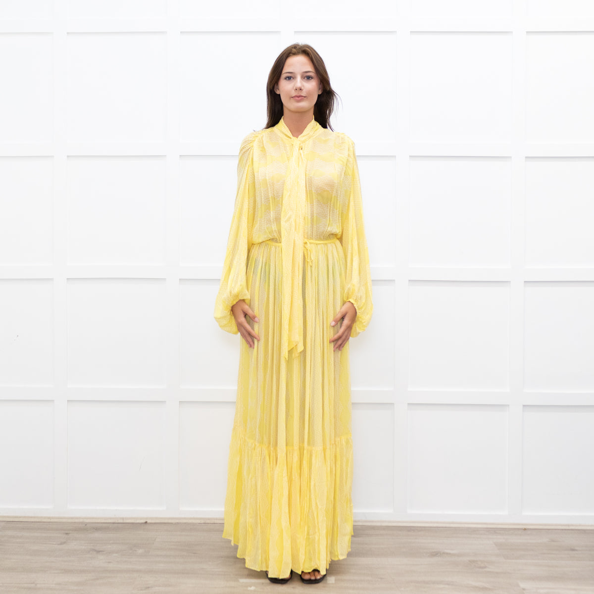 Everae Yellow Open Back Pattern Sheer Maxi Dress