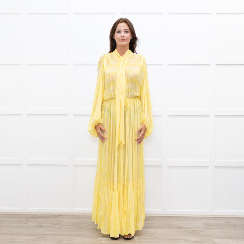 Everae Yellow Open Back Pattern Sheer Maxi Dress