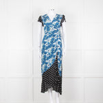 Rixo White Blue Floral Black White Polka Dot Print Short Sleeve Wrap Dress