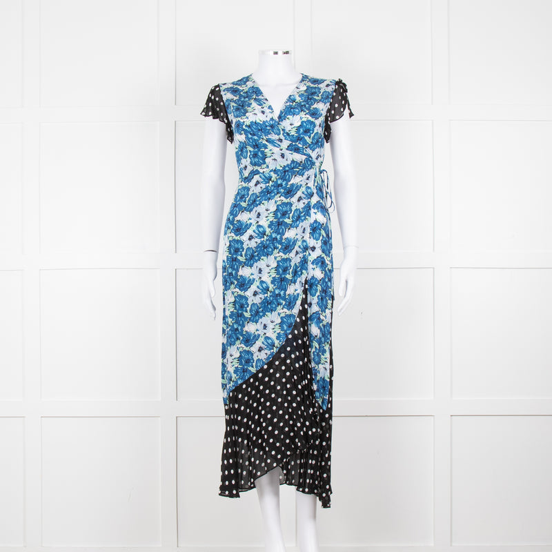 Rixo White Blue Floral Black White Polka Dot Print Short Sleeve Wrap Dress
