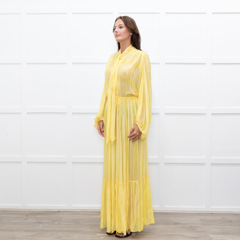 Everae Yellow Open Back Pattern Sheer Maxi Dress