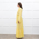 Everae Yellow Open Back Pattern Sheer Maxi Dress