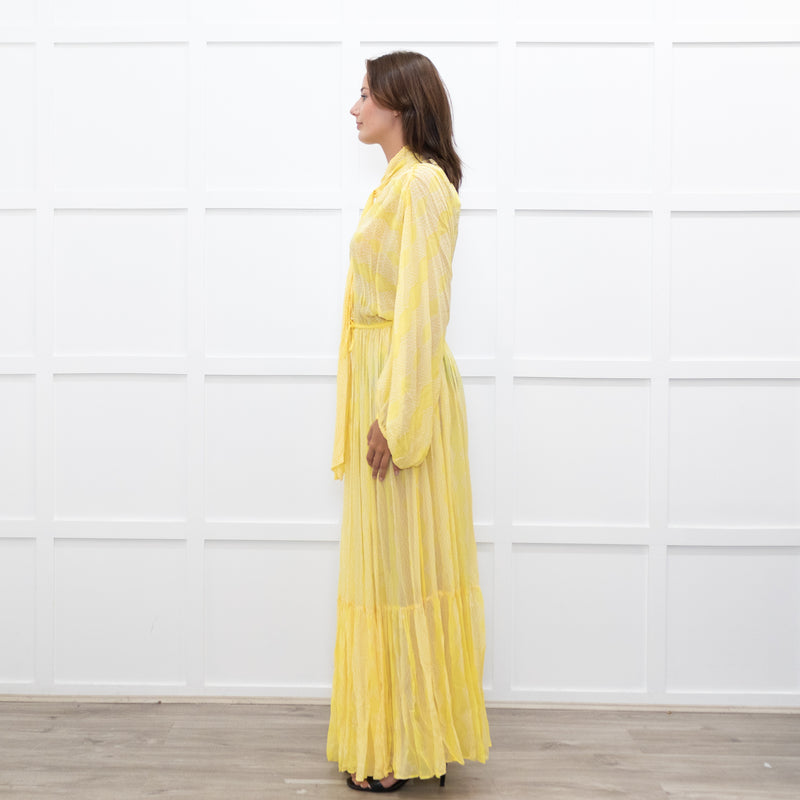 Everae Yellow Open Back Pattern Sheer Maxi Dress