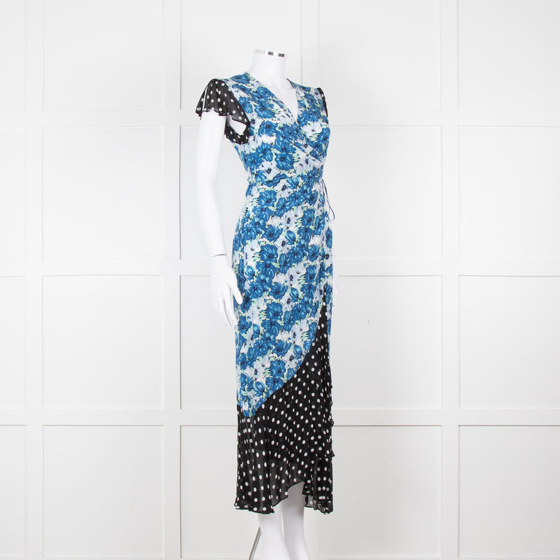 Rixo White Blue Floral Black White Polka Dot Print Short Sleeve Wrap Dress