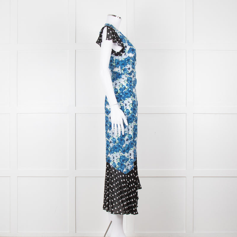 Rixo White Blue Floral Black White Polka Dot Print Short Sleeve Wrap Dress