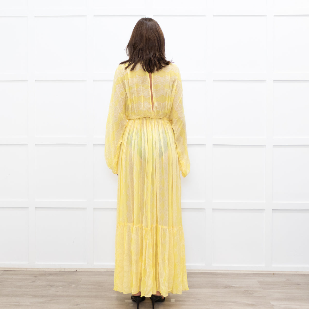 Everae Yellow Open Back Pattern Sheer Maxi Dress