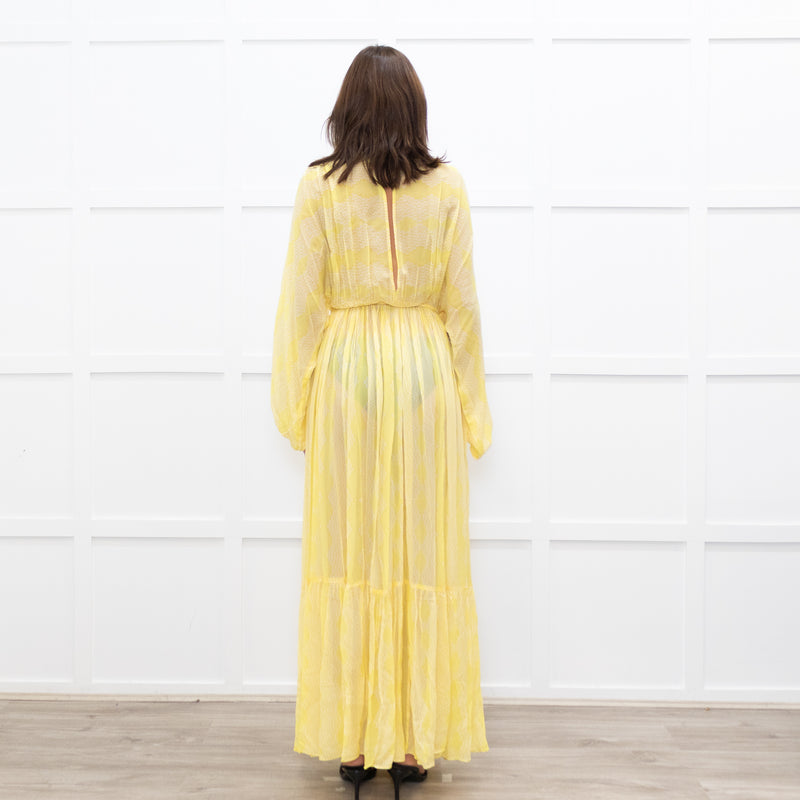 Everae Yellow Open Back Pattern Sheer Maxi Dress