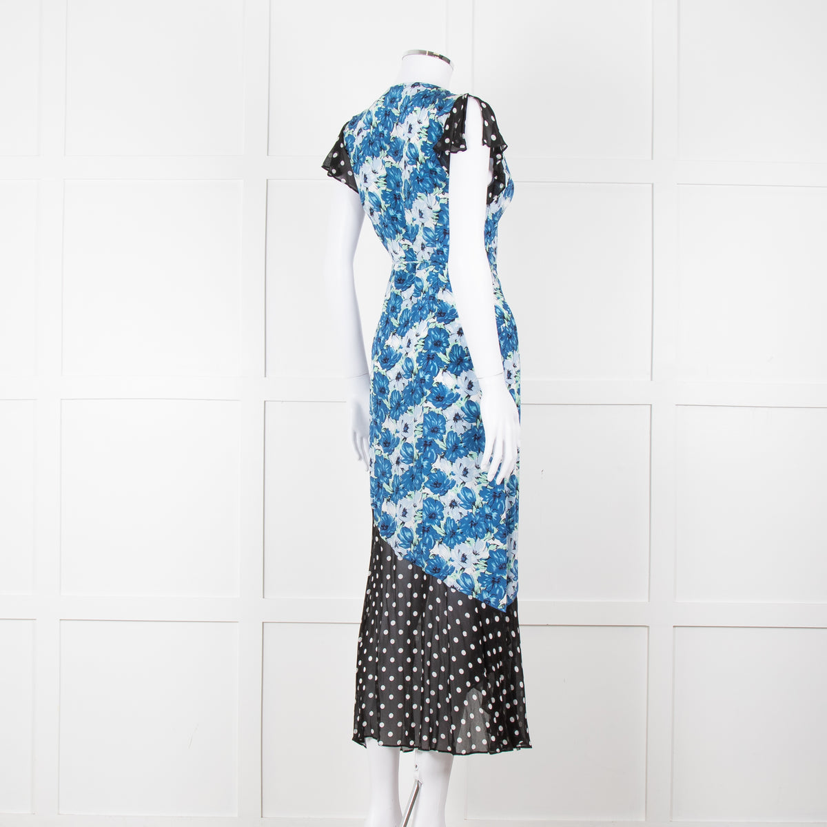 Rixo White Blue Floral Black White Polka Dot Print Short Sleeve Wrap Dress