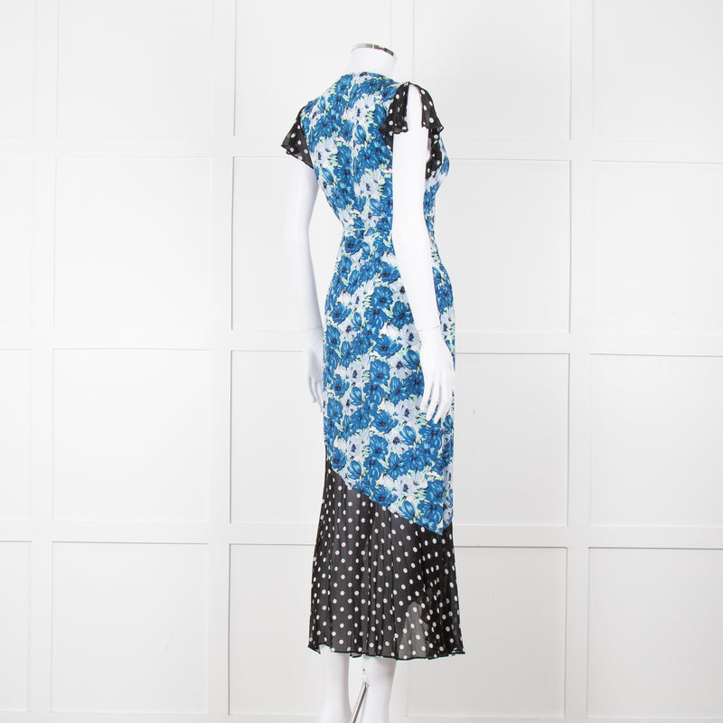 Rixo White Blue Floral Black White Polka Dot Print Short Sleeve Wrap Dress