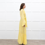 Everae Yellow Open Back Pattern Sheer Maxi Dress