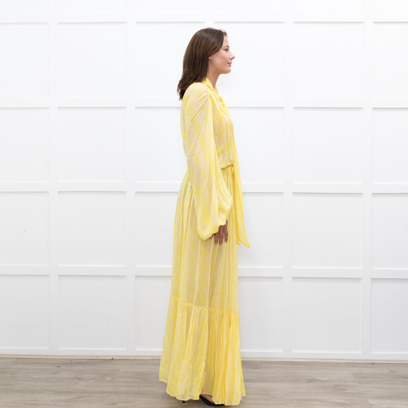 Everae Yellow Open Back Pattern Sheer Maxi Dress