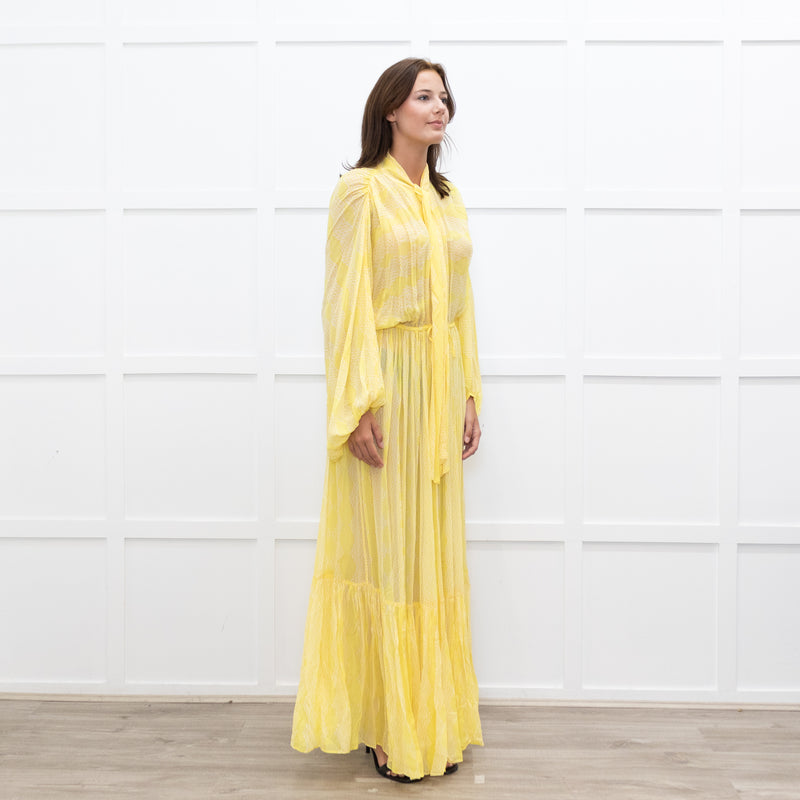 Everae Yellow Open Back Pattern Sheer Maxi Dress