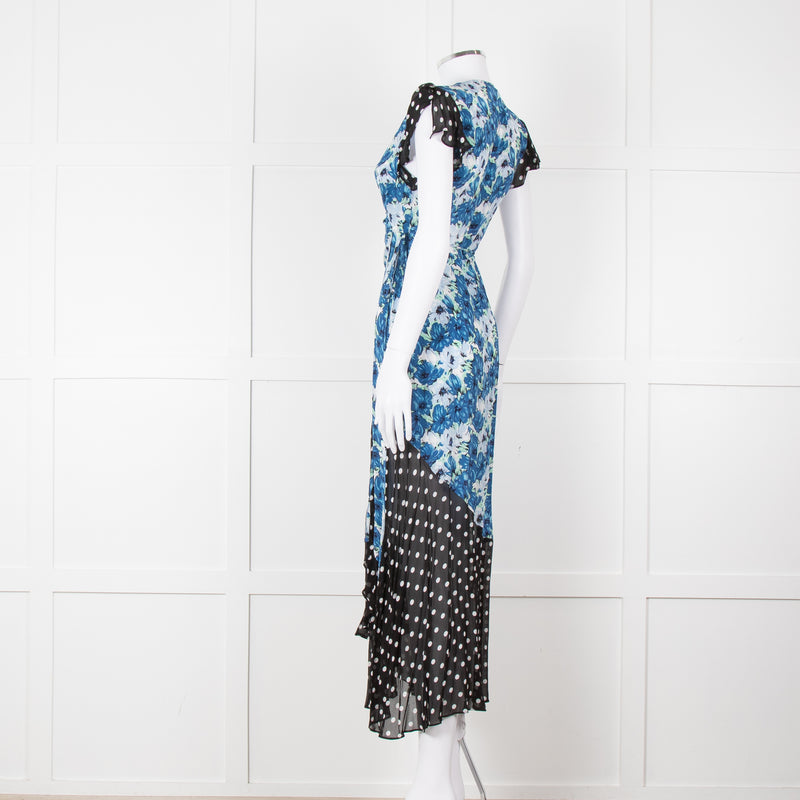 Rixo White Blue Floral Black White Polka Dot Print Short Sleeve Wrap Dress