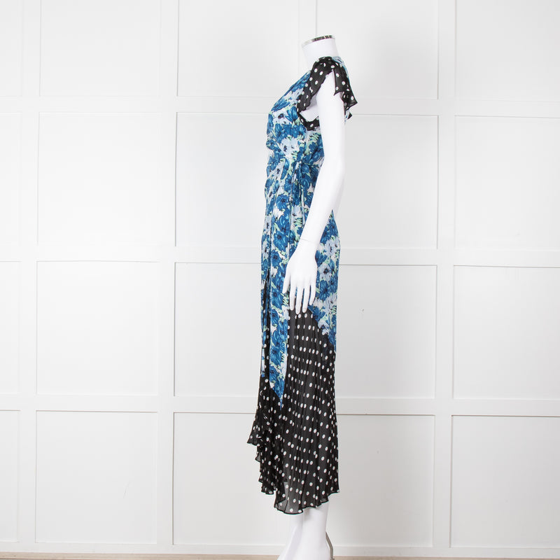 Rixo White Blue Floral Black White Polka Dot Print Short Sleeve Wrap Dress