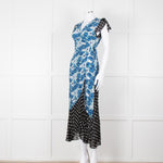 Rixo White Blue Floral Black White Polka Dot Print Short Sleeve Wrap Dress