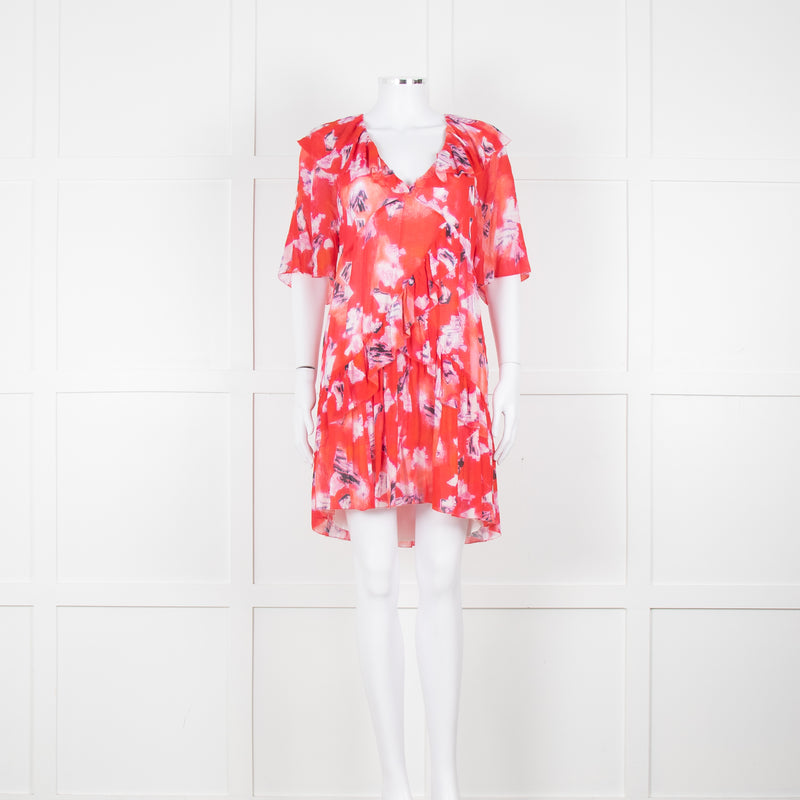 Iro Red White Print Frill Detail Short Sleeve Mini Dress