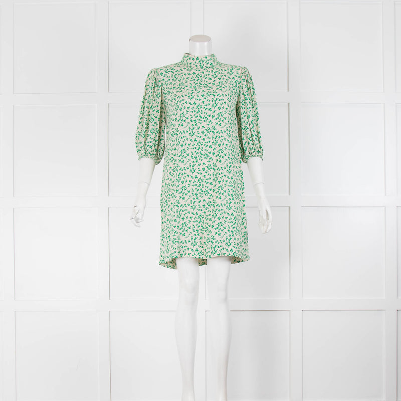 Ganni Cream Green Floral 3/4 Sleeve Mini Dress