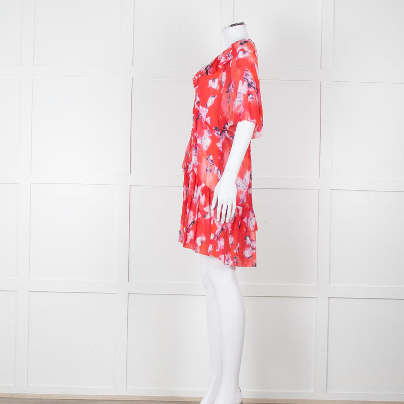 Iro Red White Print Frill Detail Short Sleeve Mini Dress