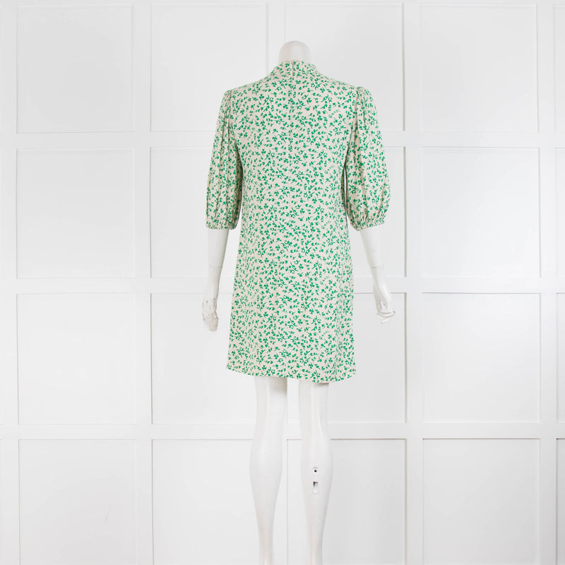 Ganni Cream Green Floral 3/4 Sleeve Mini Dress