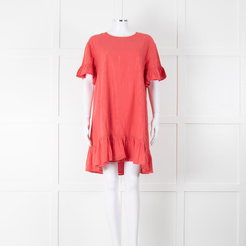 Pink Chicken Coral Lurex Stripe Ruffle Short Sleeve Dress