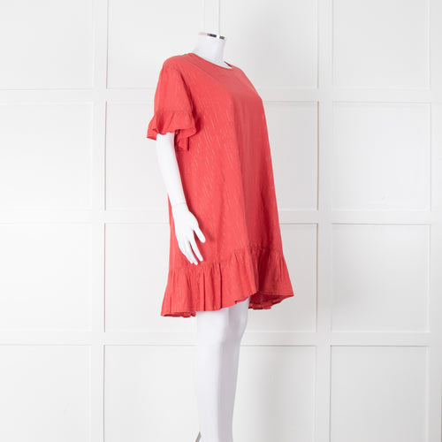 Pink Chicken Coral Lurex Stripe Ruffle Short Sleeve Dress
