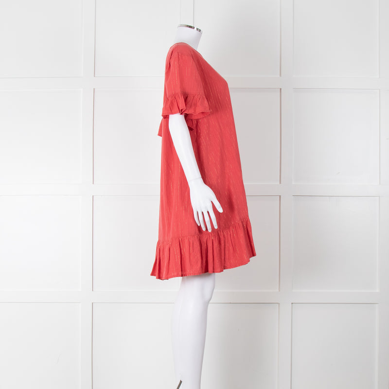 Pink Chicken Coral Lurex Stripe Ruffle Short Sleeve Dress