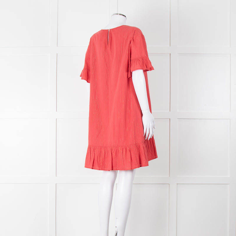 Pink Chicken Coral Lurex Stripe Ruffle Short Sleeve Dress