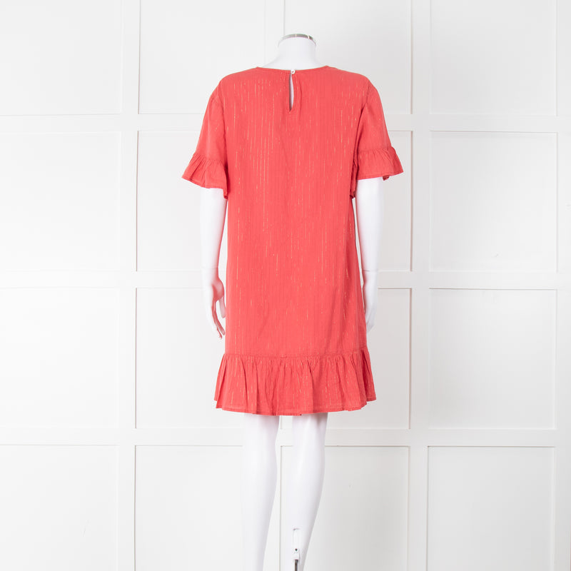Pink Chicken Coral Lurex Stripe Ruffle Short Sleeve Dress