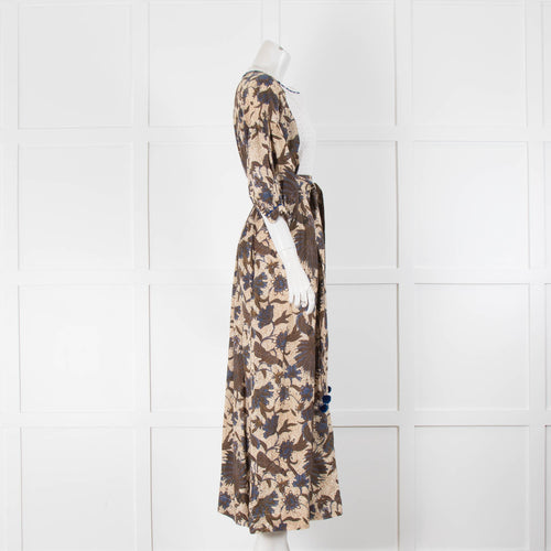 Wiggy Kit Cream Brown Botanical Linen Belted  Maxi Dress