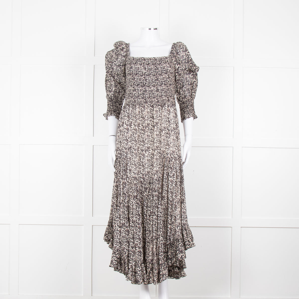 Masscob Grey Brown Print Smocking Detail Cotton Dress