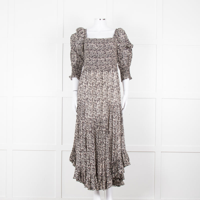 Masscob Grey Brown Print Smocking Detail Cotton Dress