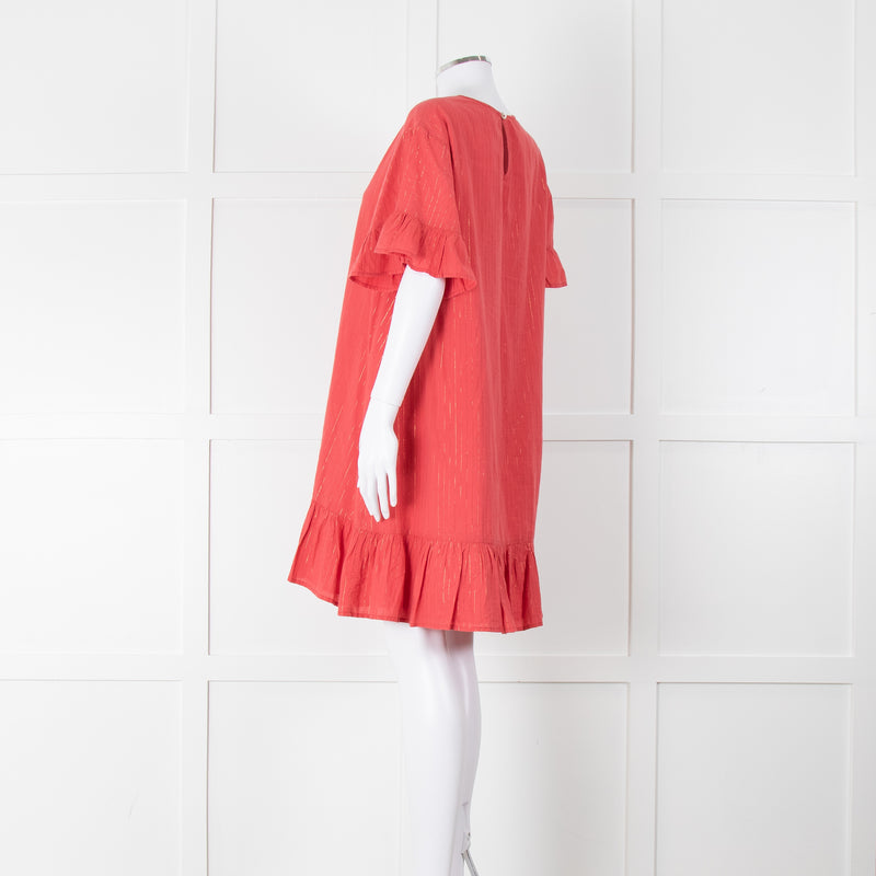 Pink Chicken Coral Lurex Stripe Ruffle Short Sleeve Dress