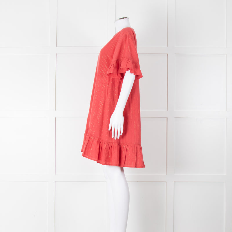 Pink Chicken Coral Lurex Stripe Ruffle Short Sleeve Dress