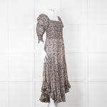 Masscob Grey Brown Print Smocking Detail Cotton Dress