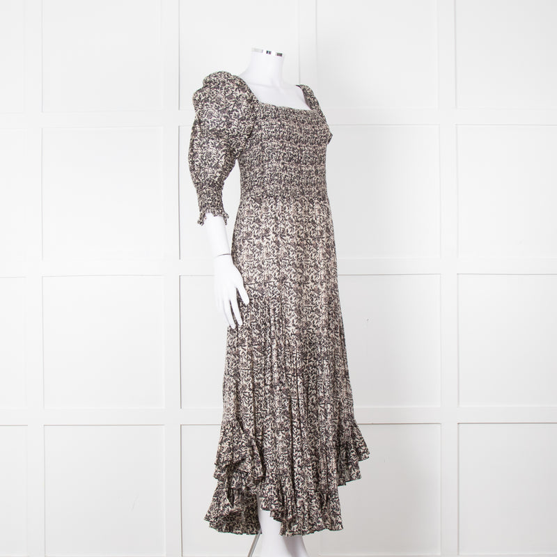 Masscob Grey Brown Print Smocking Detail Cotton Dress