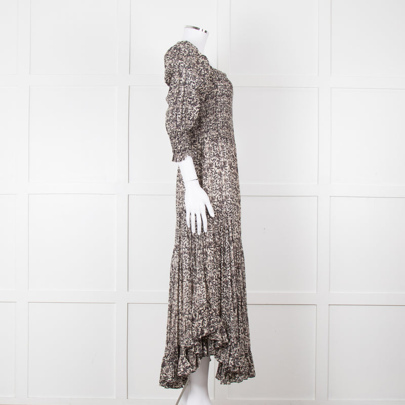 Masscob Grey Brown Print Smocking Detail Cotton Dress